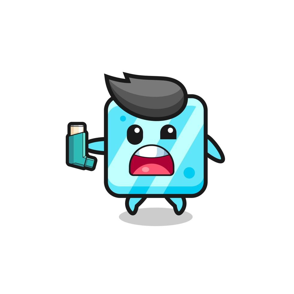 ice cube mascot having asthma while holding the inhaler vector