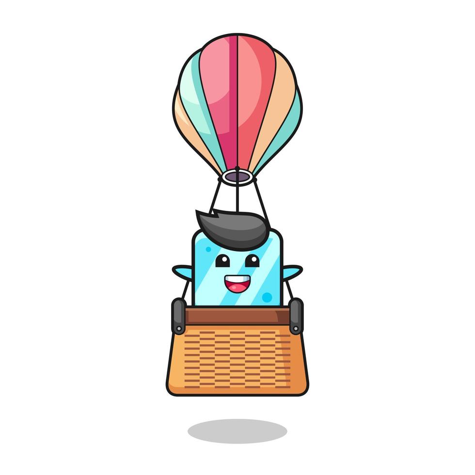 ice cube mascot riding a hot air balloon vector