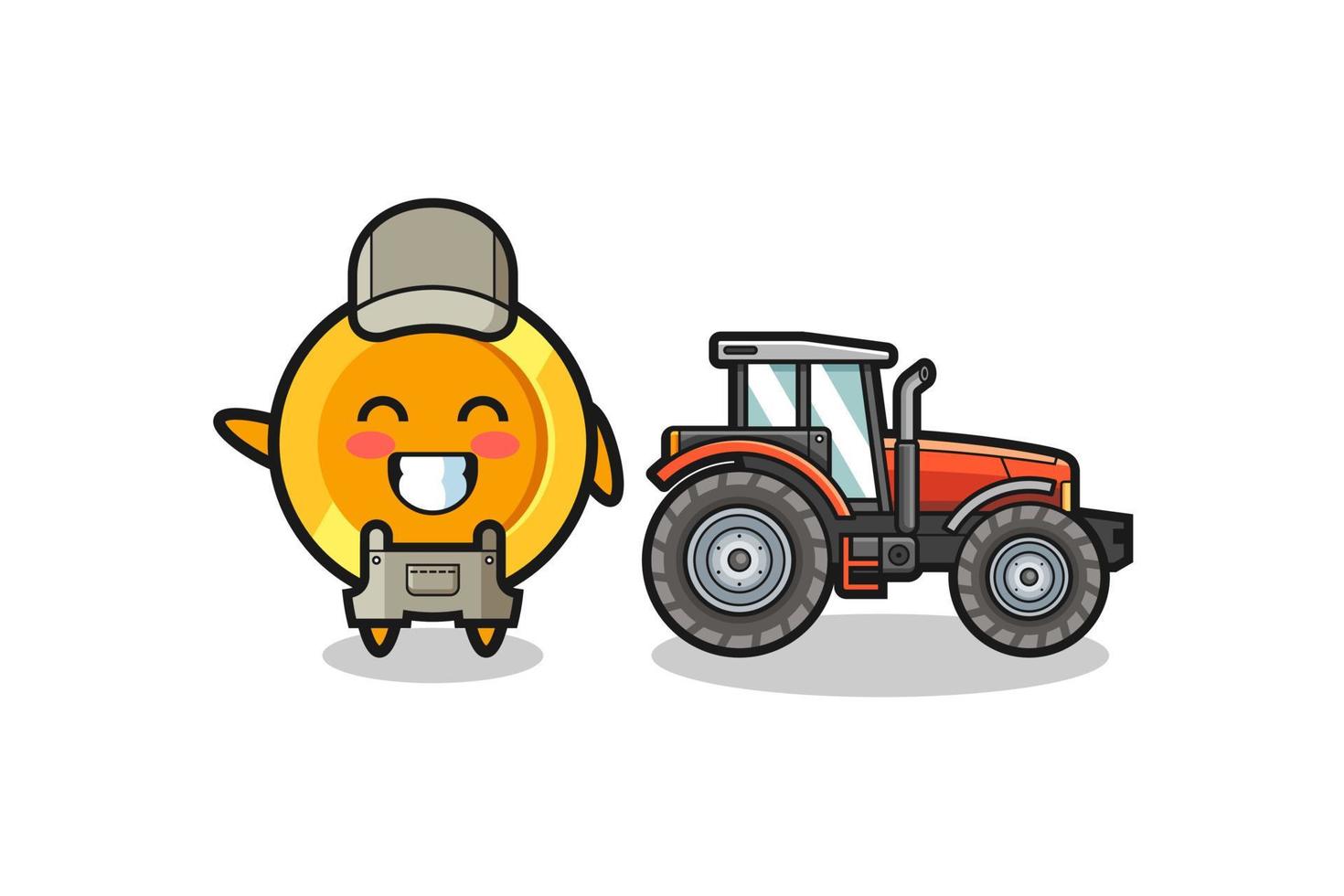 the dollar coin farmer mascot standing beside a tractor vector