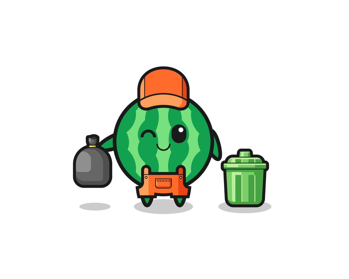 the mascot of cute watermelon as garbage collector vector