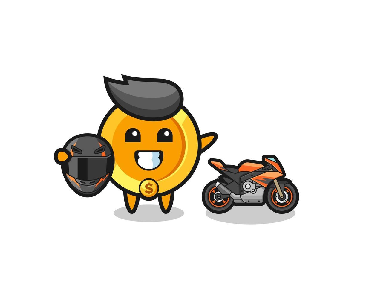 cute dollar coin cartoon as a motorcycle racer vector