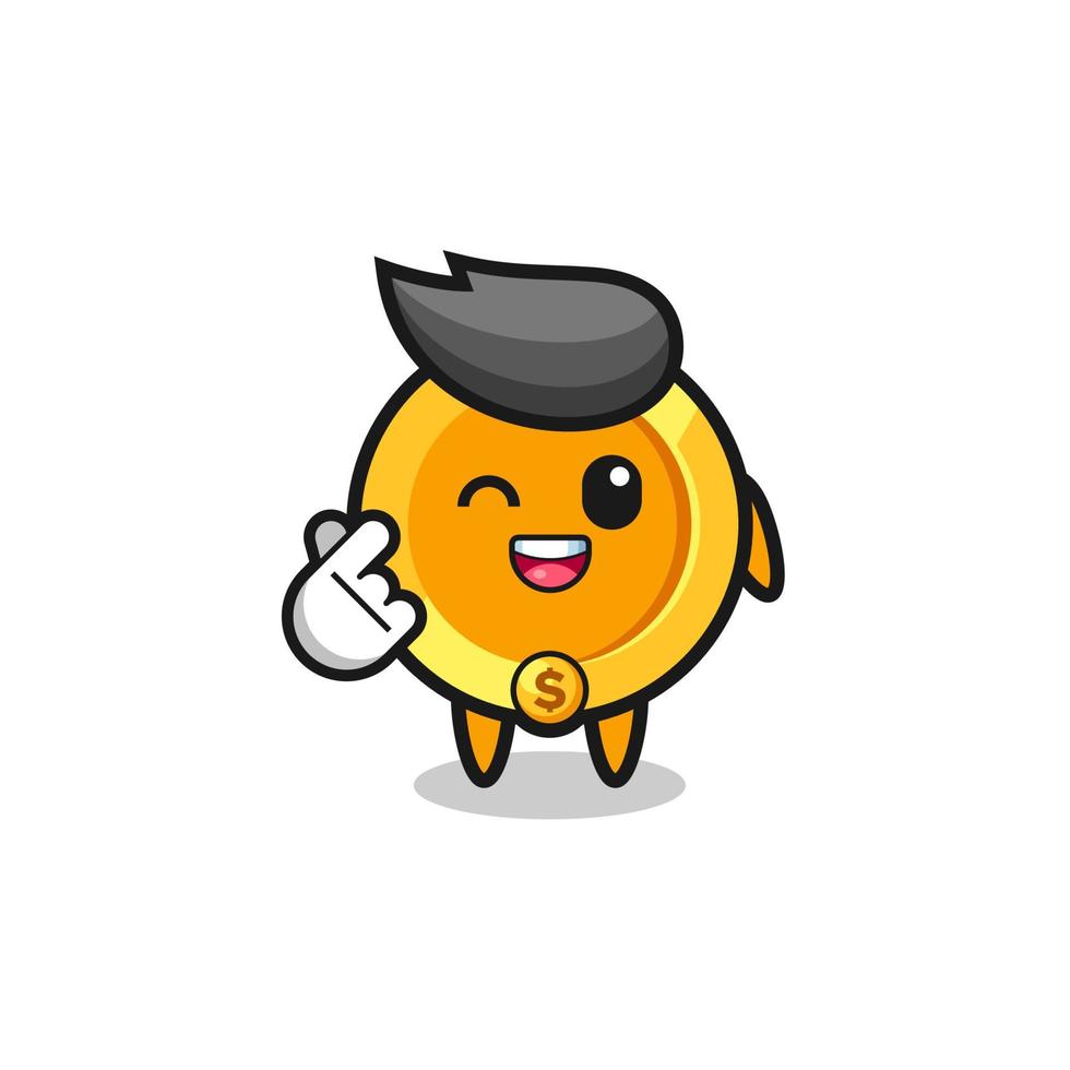 dollar coin character doing Korean finger heart vector