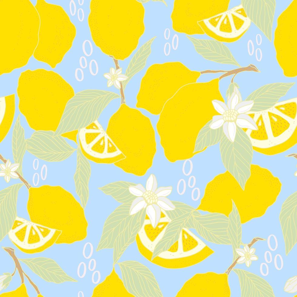 vector de patrones sin fisuras limones y limones en rodajas sobre un fondo. patrón de limón de verano para fondo, tela, papel, textil, invitaciones, páginas web.