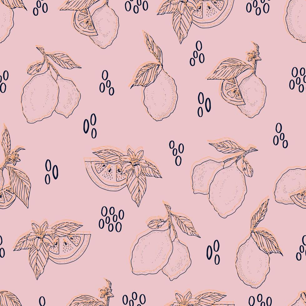 vector seamless pattern lemons and sliced lemons on a pink background. Summer lemon pattern for background, fabric, paper, textile, invitations, web pages.