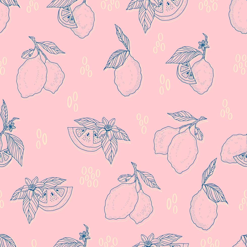 vector seamless pattern lemons and sliced lemons on a pink background. Summer lemon pattern for background, fabric, paper, textile, invitations, web pages.