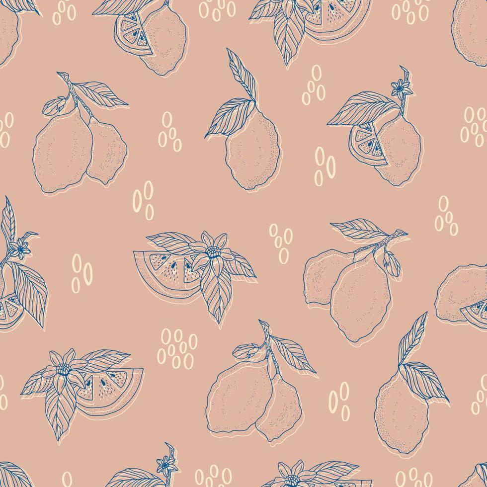 vector de patrones sin fisuras limones y limones en rodajas sobre un fondo rosa. patrón de limón de verano para fondo, tela, papel, textil, invitaciones, páginas web.