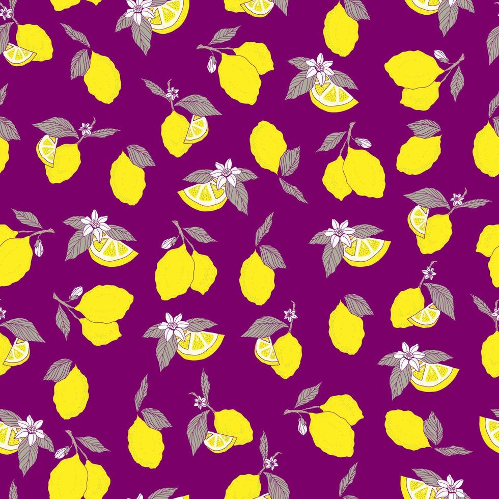 vector seamless pattern lemons and sliced lemons on a pink background. Summer lemon pattern for background, fabric, paper, textile, invitations, web pages.