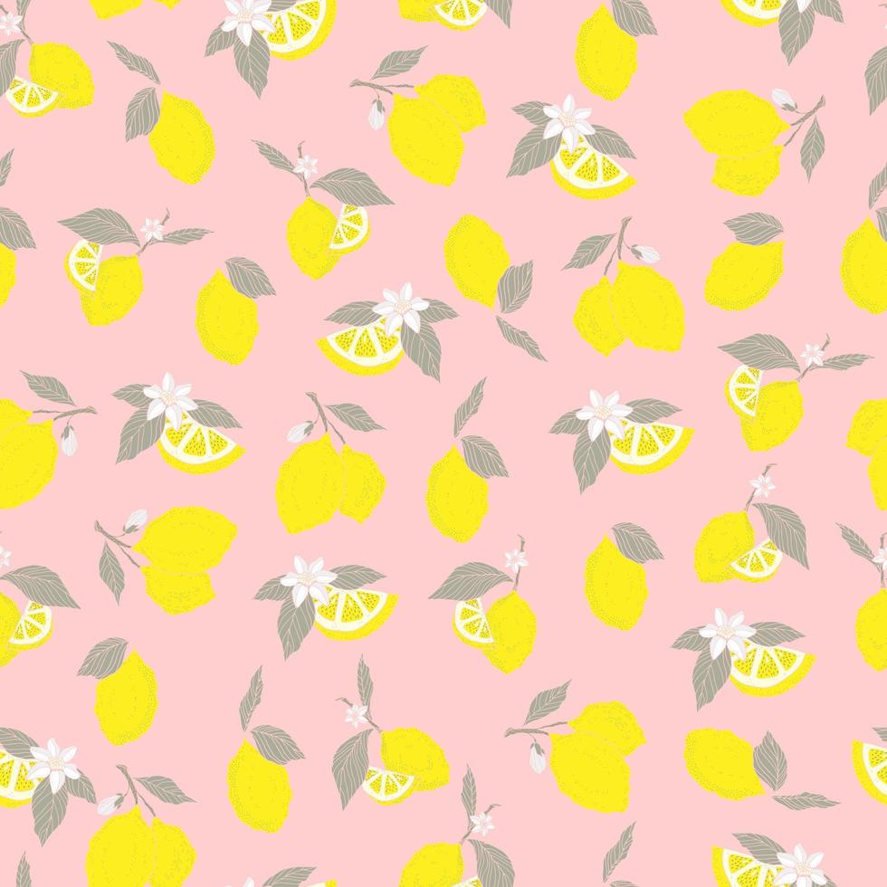 vector seamless pattern lemons and sliced lemons on a pink background. Summer lemon pattern for background, fabric, paper, textile, invitations, web pages.