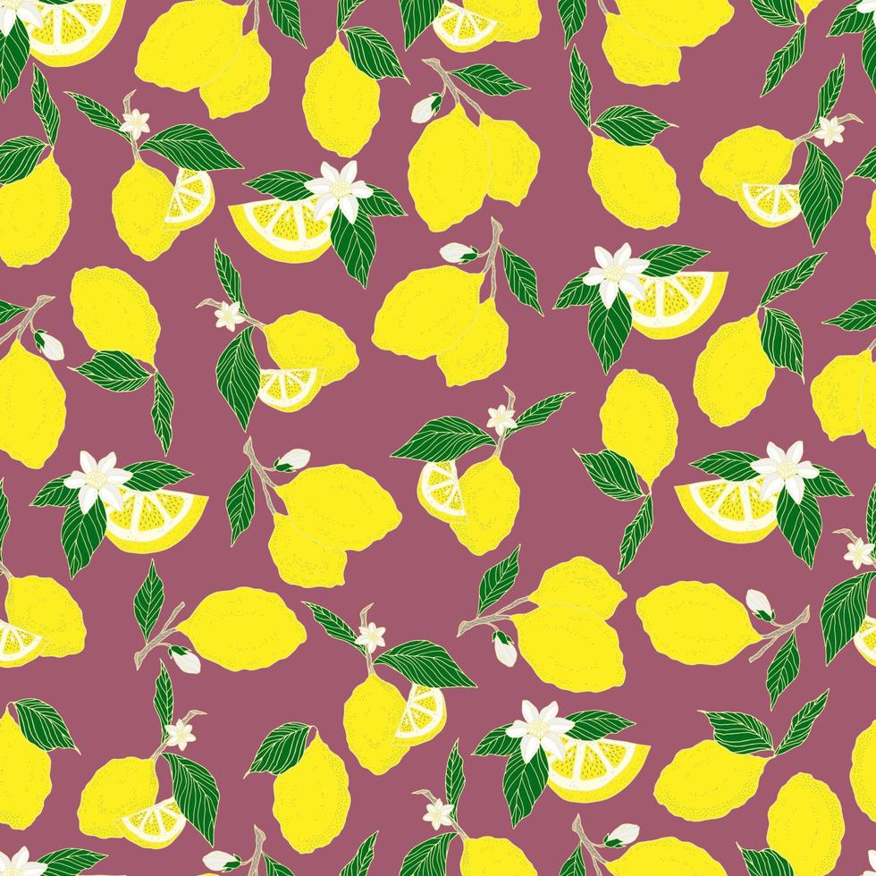 vector seamless pattern lemons and sliced lemons on a pink background. Summer lemon pattern for background, fabric, paper, textile, invitations, web pages.