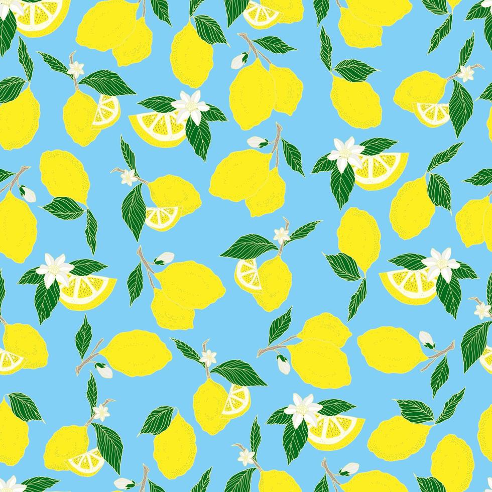 vector de patrones sin fisuras limones y limones en rodajas sobre un fondo rosa. patrón de limón de verano para fondo, tela, papel, textil, invitaciones, páginas web.