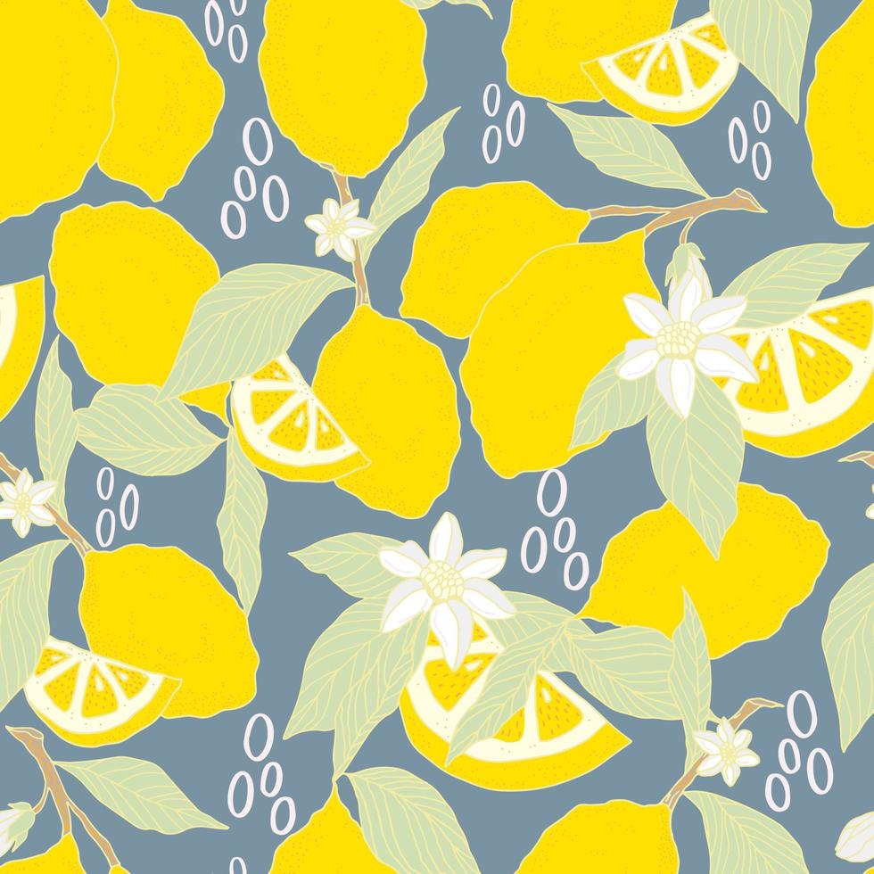 vector seamless pattern lemons and sliced lemons on a  background. Summer lemon pattern for background, fabric, paper, textile, invitations, web pages.