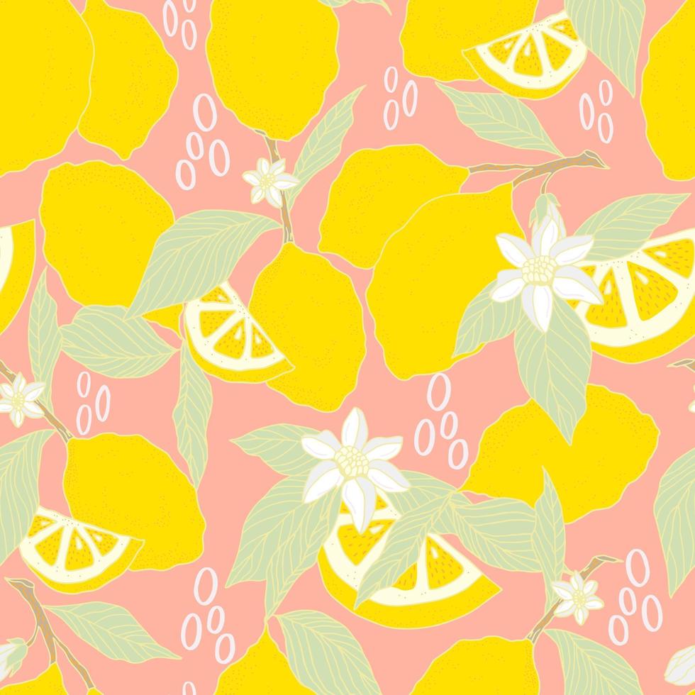 vector de patrones sin fisuras limones y limones en rodajas sobre un fondo rosa. patrón de limón de verano para fondo, tela, papel, textil, invitaciones, páginas web.