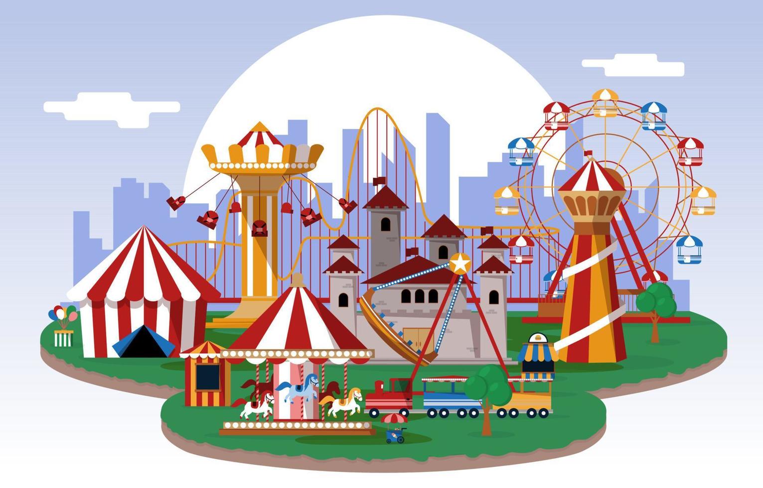 Ilustración de vector plano de carnaval de feria de diversión de parque de atracciones de sol