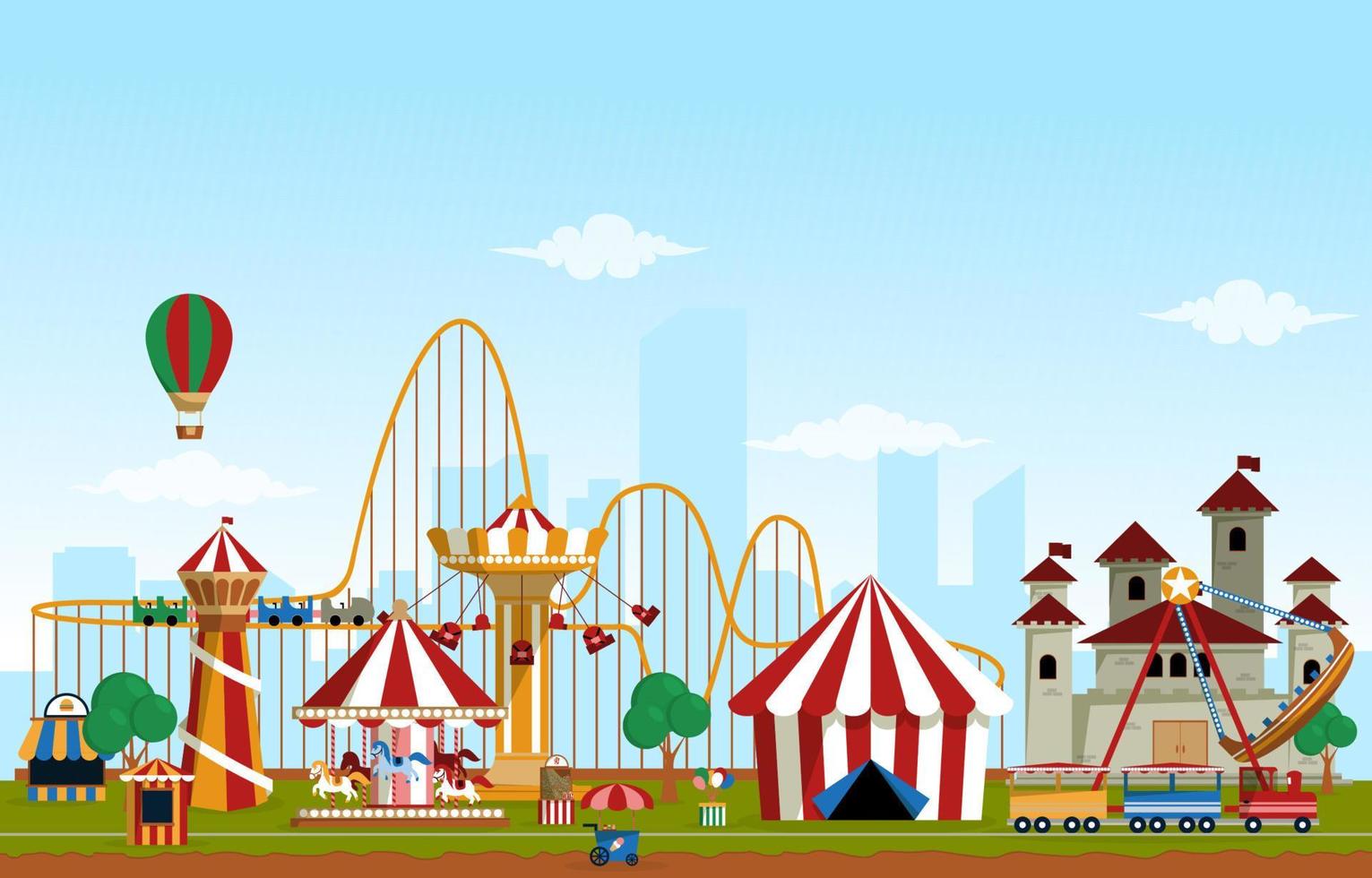 parque de atracciones paseos divertidos carnaval feria ilustración vectorial plana vector