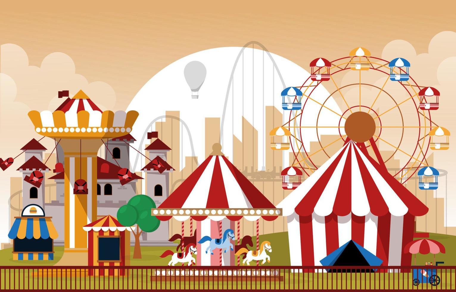 Ilustración de vector plano de carnaval de feria de diversión de parque de atracciones de sol