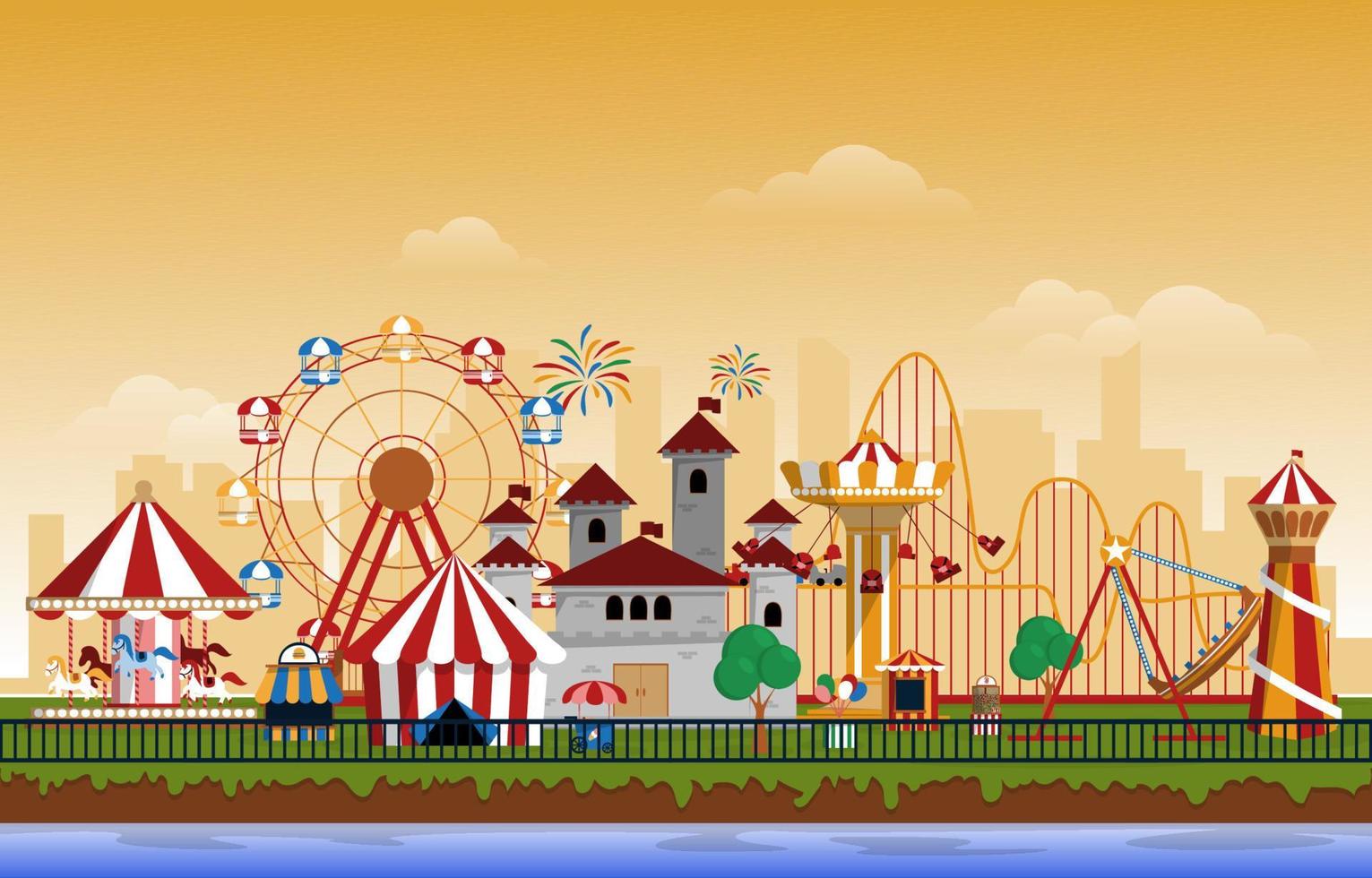 parque de atracciones paseos divertidos carnaval feria ilustración vectorial plana vector