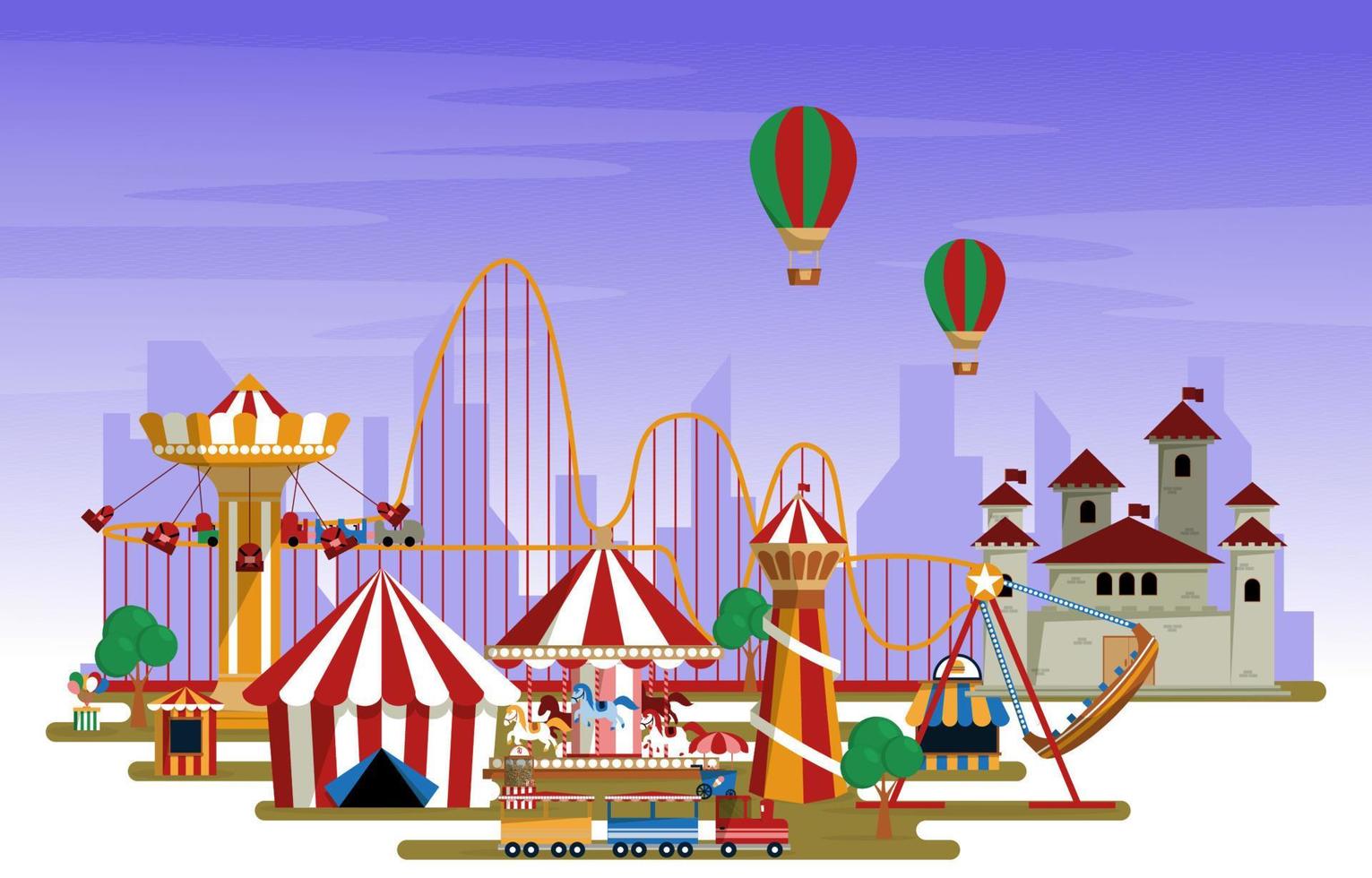 parque de atracciones paseos divertidos carnaval feria ilustración vectorial plana vector