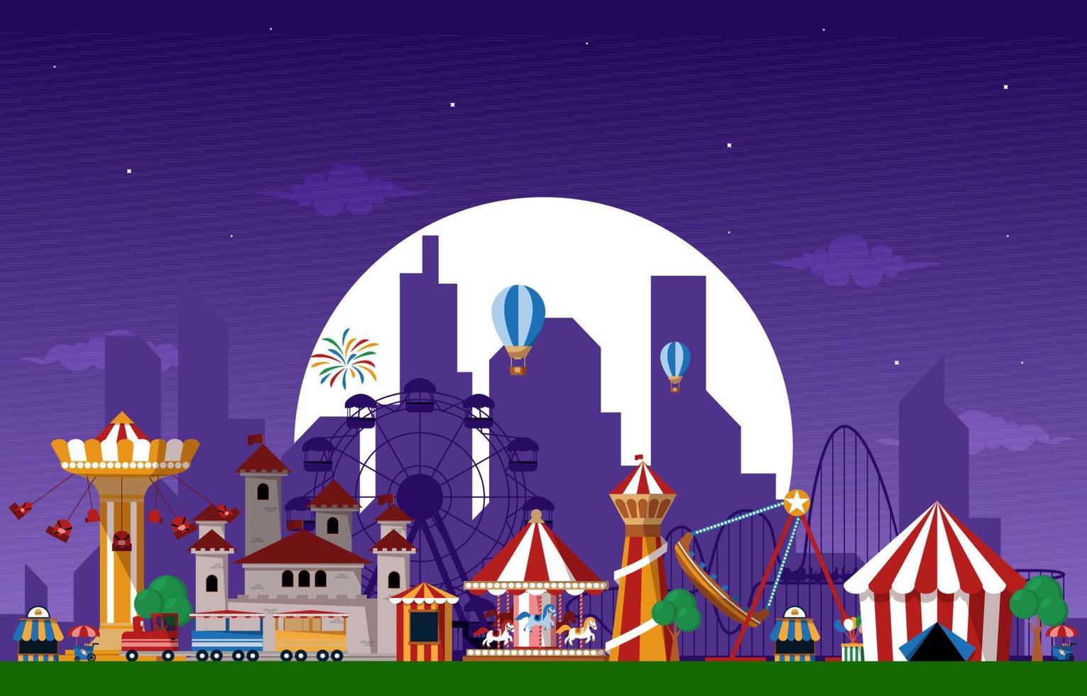 Ilustración de vector plano de carnaval de feria de diversión de parque de atracciones de luna