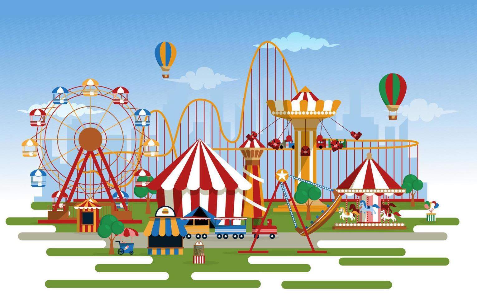 parque de atracciones paseos divertidos carnaval feria ilustración vectorial plana vector