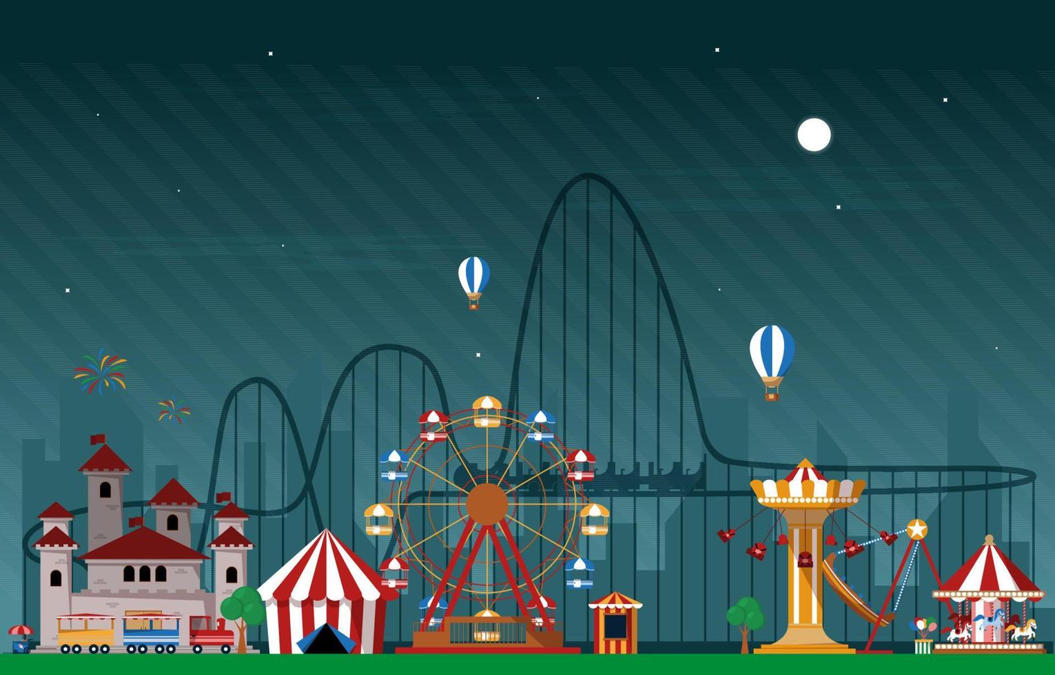 Night Amusement Park Fun Fair Carnival Flat Vector Illustration