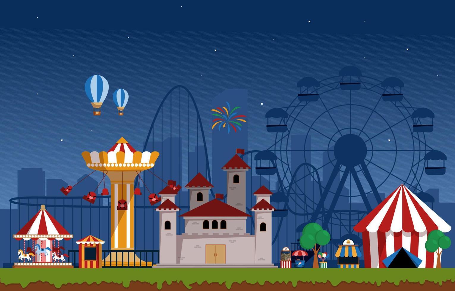 Night Amusement Park Fun Fair Carnival Flat Vector Illustration