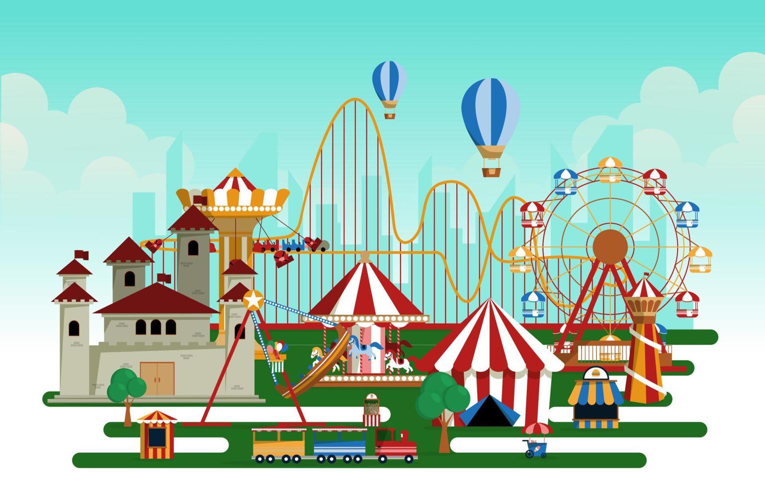 Amusement Park Rides Fun Fair Carnival Flat Vector Illustration