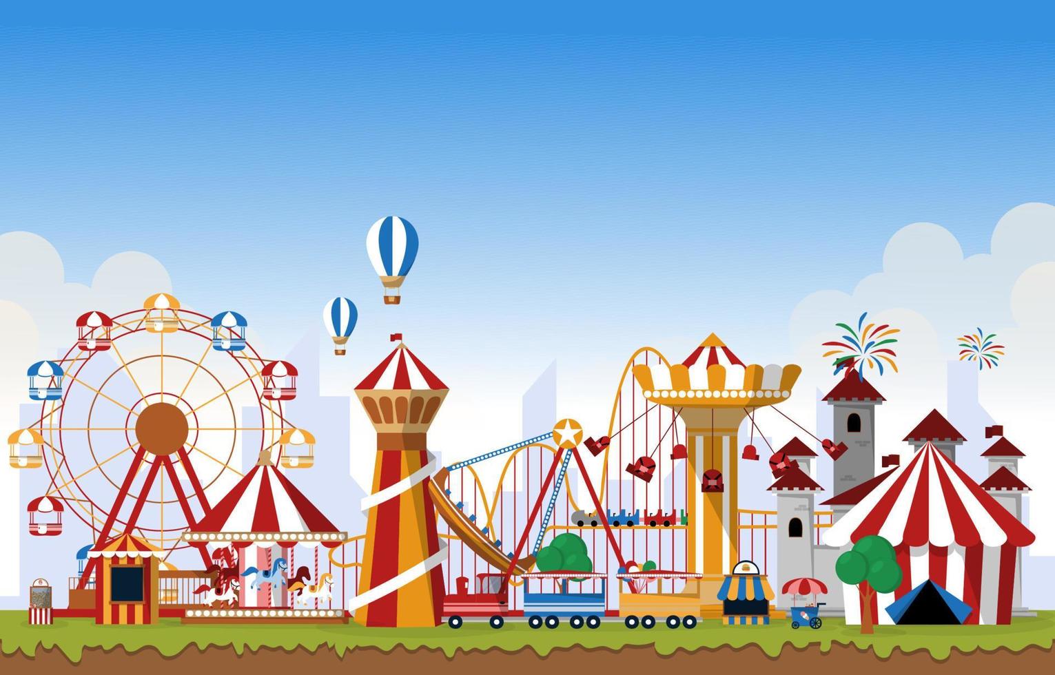 parque de atracciones paseos divertidos carnaval feria ilustración vectorial plana vector