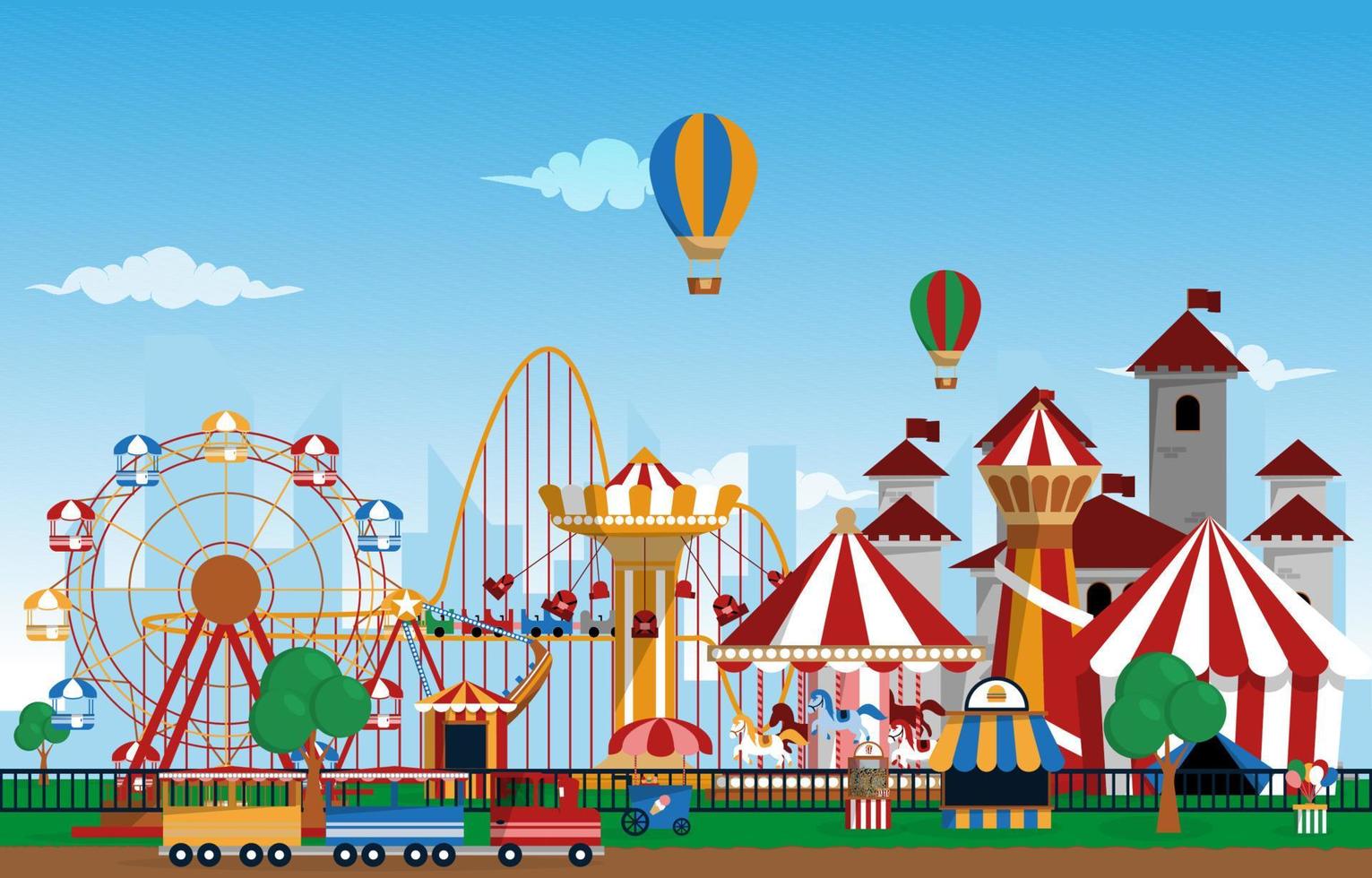 Amusement Park Rides Fun Fair Carnival Flat Vector Illustration