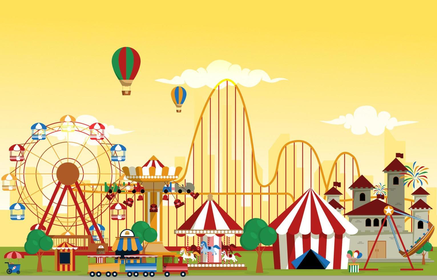 parque de atracciones paseos divertidos carnaval feria ilustración vectorial plana vector