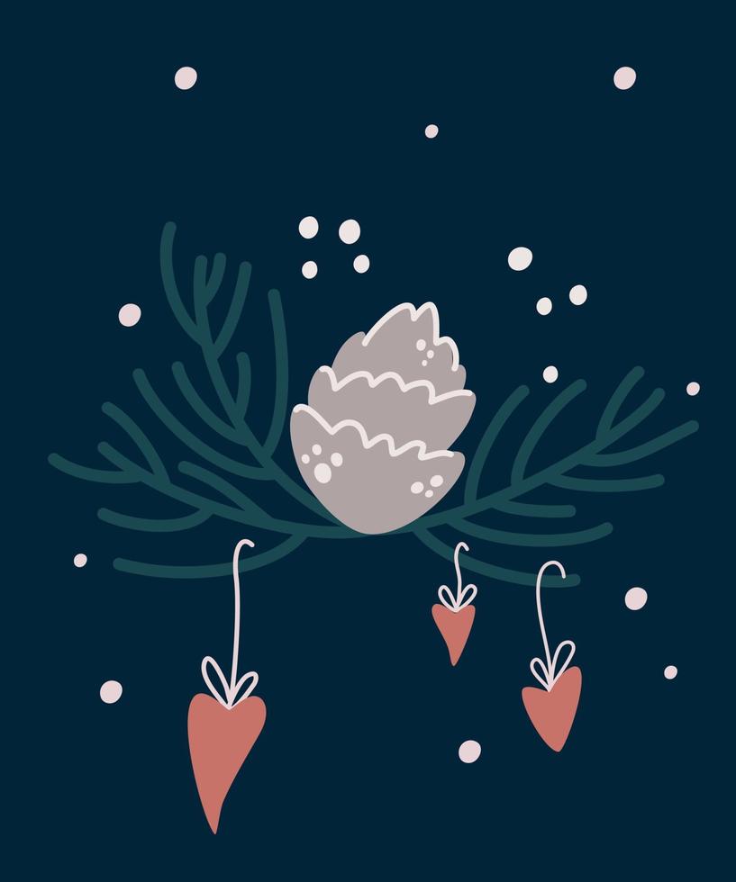 Christmas card with fir twigs and cones. Winter holidays nature design greeting cards template, frame. Cozy Winter. Vector xmas illustration.