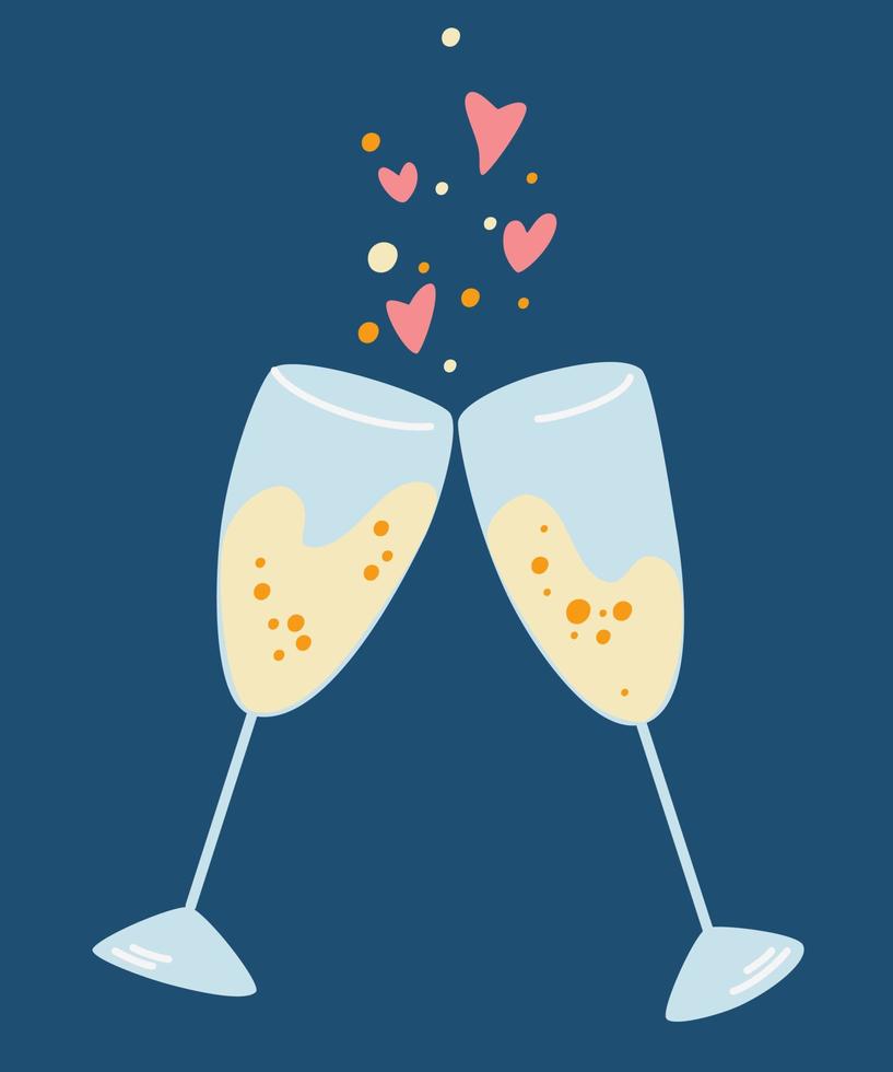 Two glasses of champagne clink. Celebrate concept. Toast, Cheers. Valentine's Day greeting card. Vector cartoon illustration.