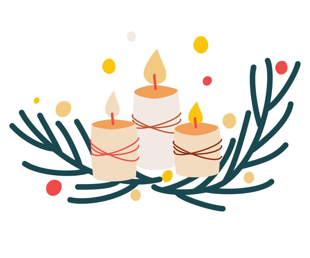 velas y una corona de ramitas de abeto. decoración para el hogar, vacaciones, feliz navidad y año nuevo. Ilustración de sorteo de mano de dibujos animados de vector sobre un fondo blanco.