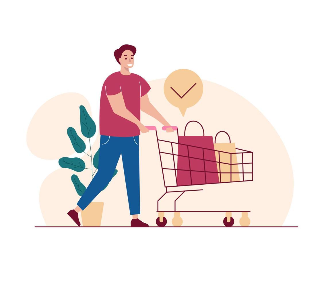 Happy man shopping with cart vector