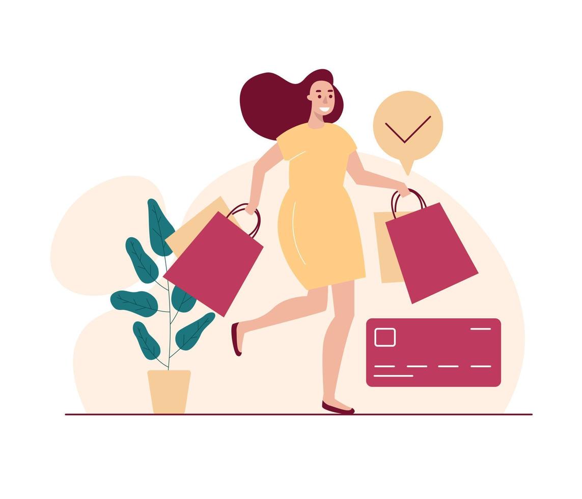 Happy woman shopping with lot of shopping bags vector