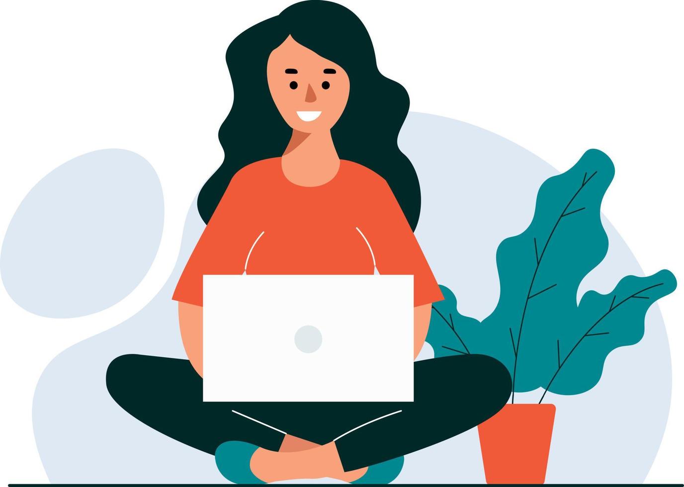 Girl with laptop sitting and Freelance or studying concept. vector
