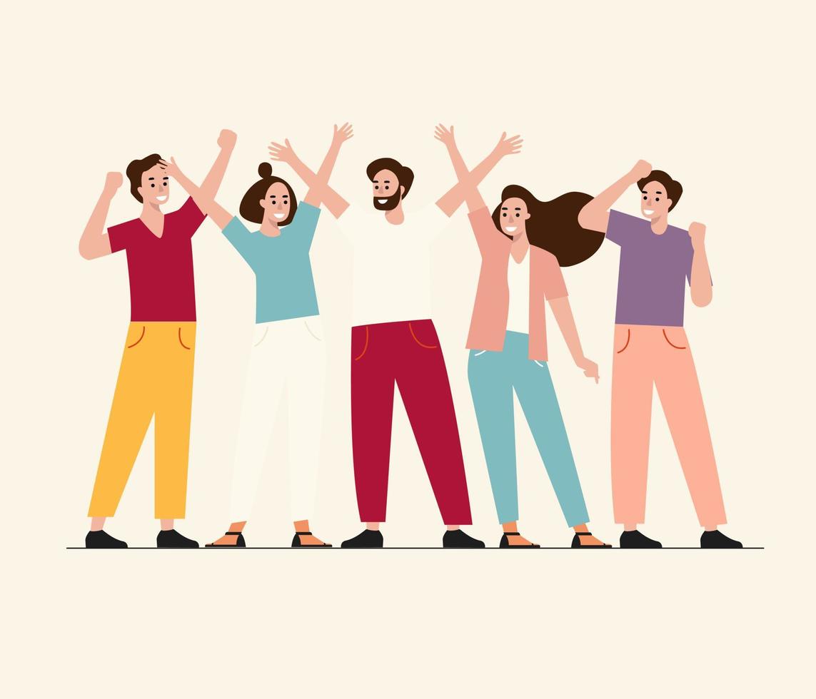 Happy Group of people making high hands, business team concept illustration vector