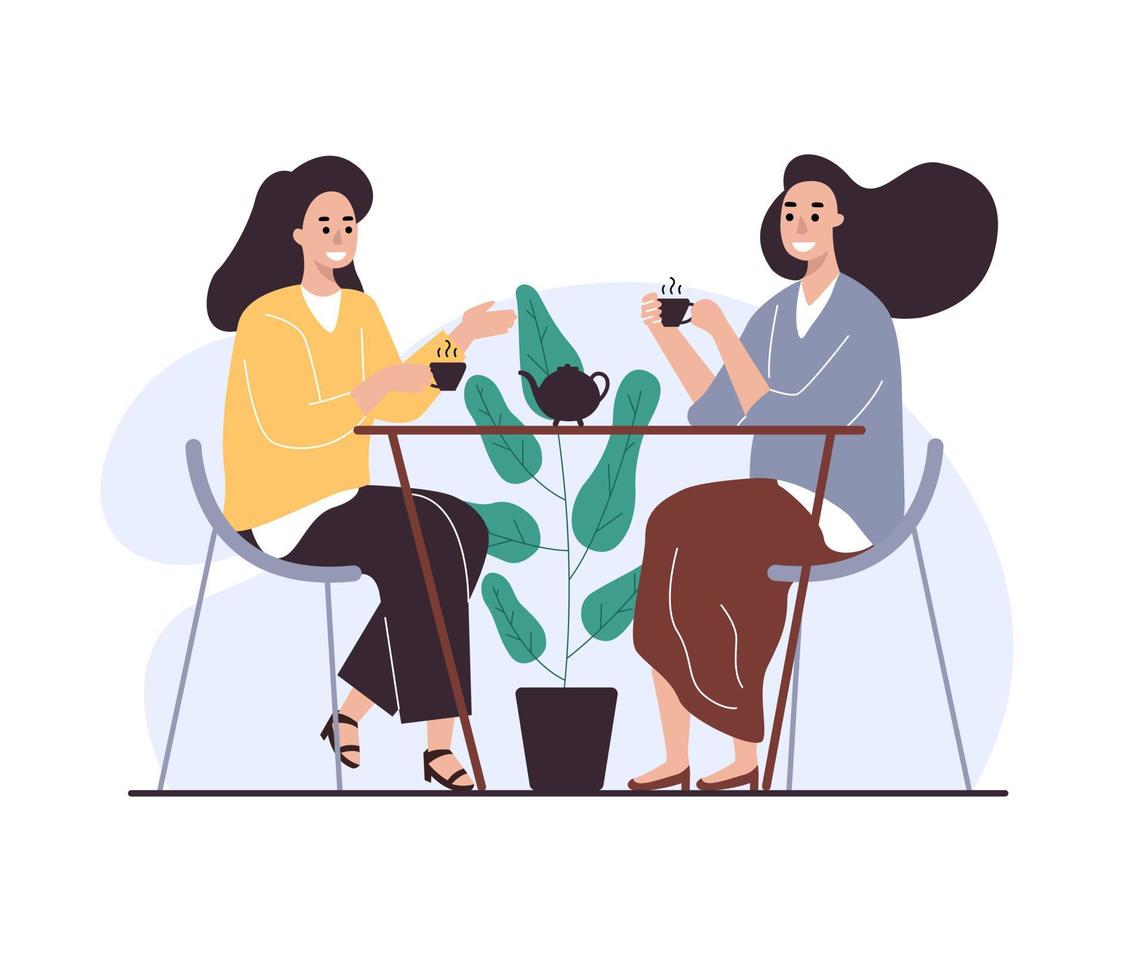 Female friends drinking tea together at cafe vector flat illustration. Smiling woman gossiping spending time at cafeteria isolated. People enjoying coffee break in public place sitting at table