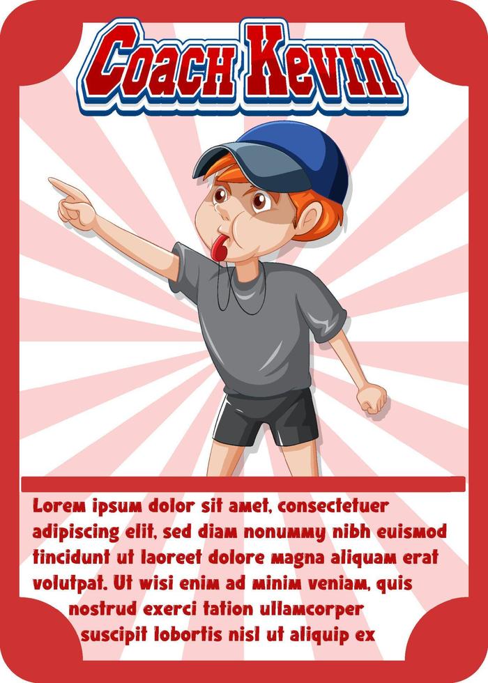 Character game card template with word Coach Kevin vector