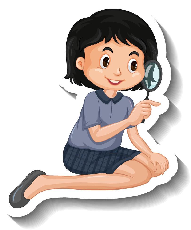 Cartoon girl looking through magnifying glass vector