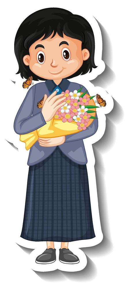Happy girl holding a bouquet flower cartoon sticker vector