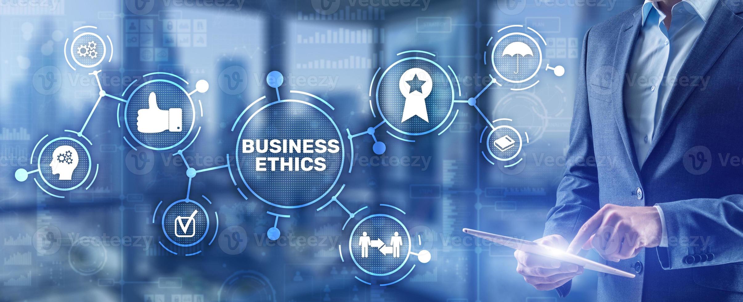 Business ethics Behavior and manners concept. Businessman pressing button on virtual screen photo
