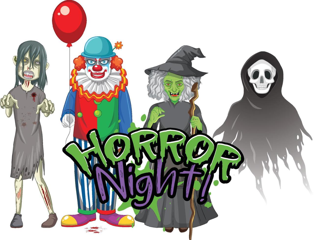 Horror Night text design with Halloween ghost characters vector