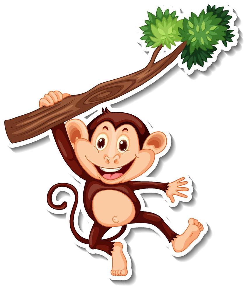 Monkey hanging on tree branch cartoon character sticker vector