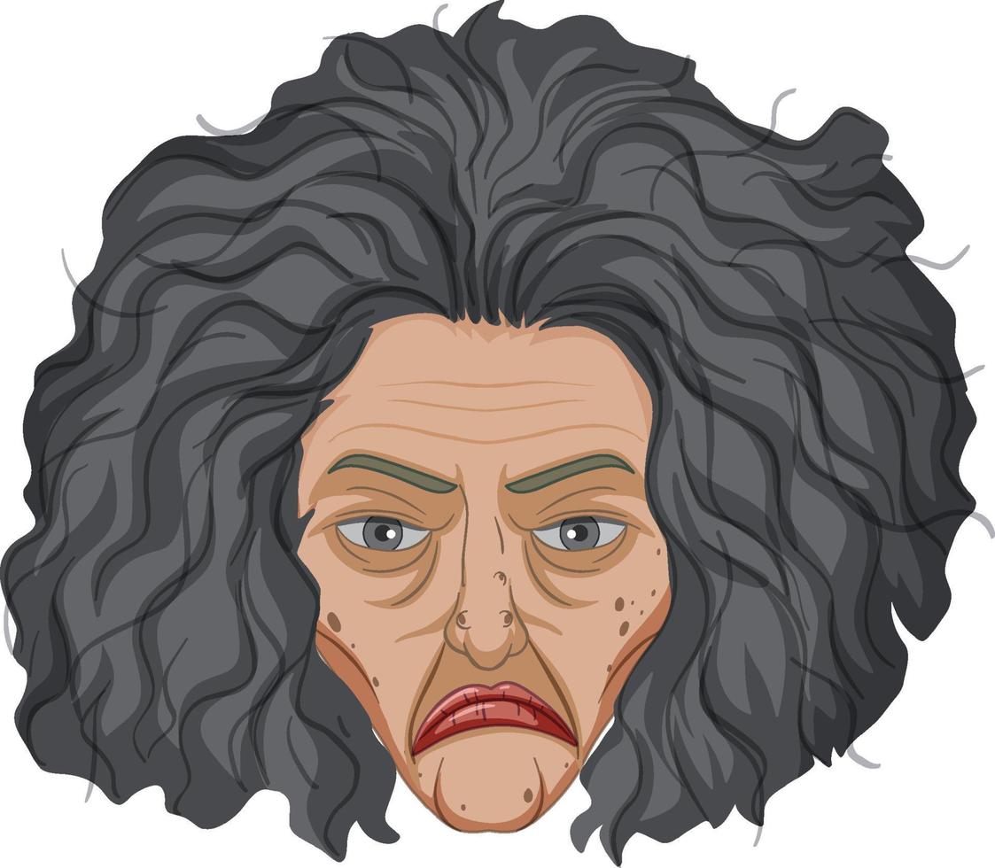 Cara de bruja vieja malvada sobre fondo blanco. vector