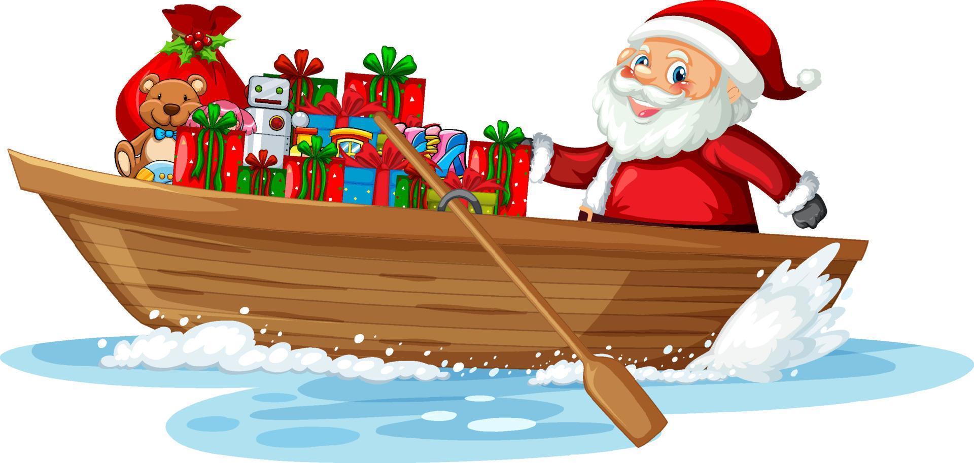 santa claus en bote de remos con muchas cajas de regalo vector