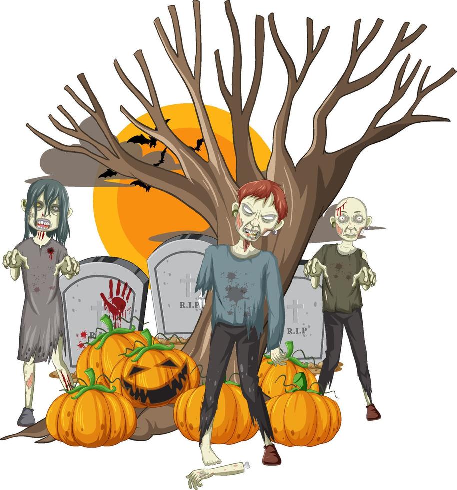 Creepy zombies with scary pumpkin and gravestone vector