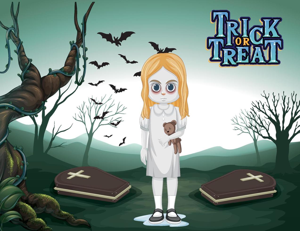 Little ghost girl with black eyes on dark forest background vector