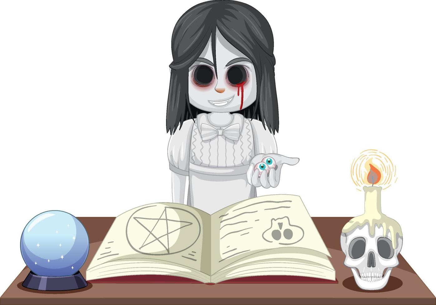 niña fantasma con libro de brujería vector