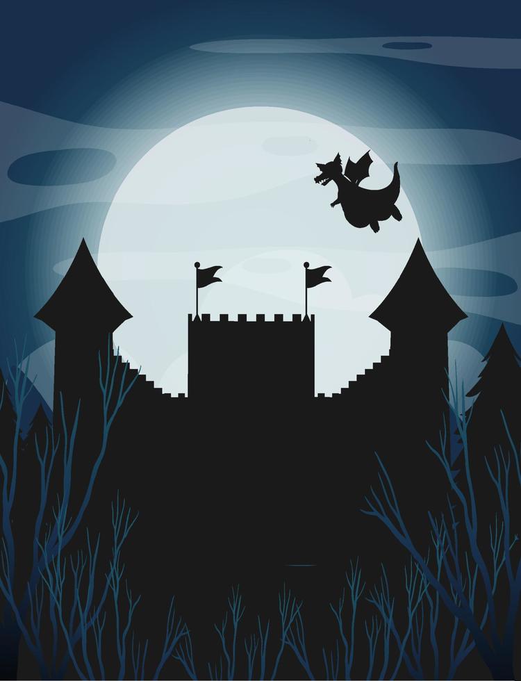 Silhouette castle with full moon background vector