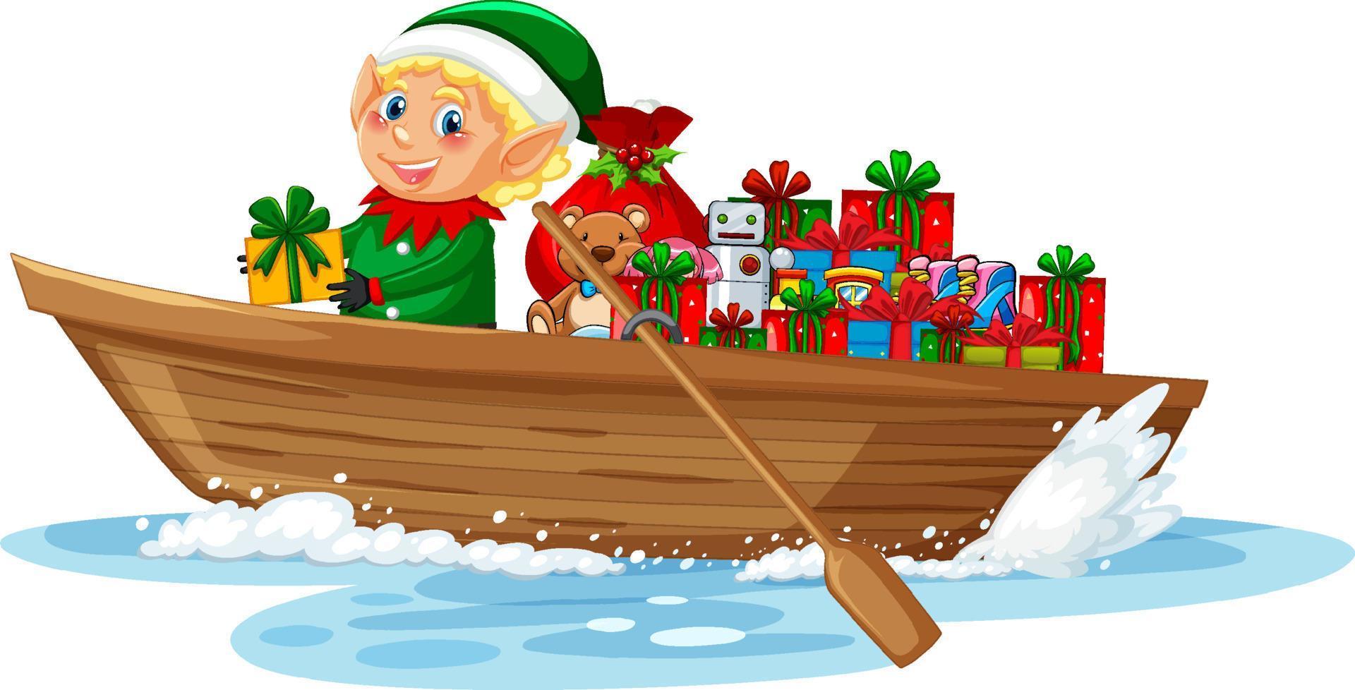 Elf on rowboat with many gift boxes vector